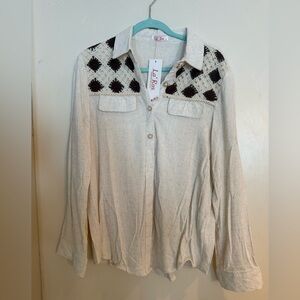 La Ros Cream Button-Up Top with Black Crochet Yoke